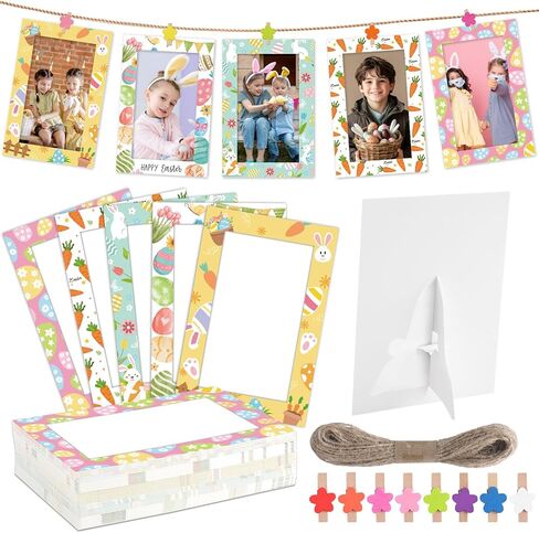 100Pcs Easter Paper Photo Frames 4x6 Paper Photo Frames with flower Clip String Kit DIY Hanging Cardboard Picture Holder Bulk with Stand Happy Easter Class Game Activities Gift Wall Decor Wedding Home in Saudi Arabia