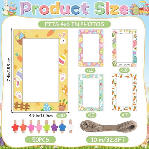 100Pcs Easter Paper Photo Frames 4x6 Paper Photo Frames with flower Clip String Kit DIY Hanging Cardboard Picture Holder Bulk with Stand Happy Easter Class Game Activities Gift Wall Decor Wedding Home in Saudi Arabia
