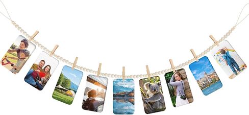 Hanging Photo Display Wall Decor With 9 Clips, Boho Wooden Bead Garland Collage Picture Frame, Bedroom, Living Room, Dorm Room Office, Teen Girl Holiday Gift in Saudi Arabia