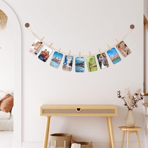 Hanging Photo Display Wall Decor With 9 Clips, Boho Wooden Bead Garland Collage Picture Frame, Bedroom, Living Room, Dorm Room Office, Teen Girl Holiday Gift in Saudi Arabia