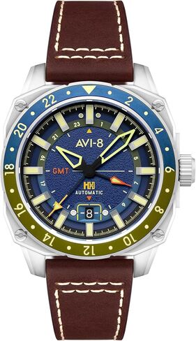 ساعة AVI-8 للرجال 44 ملم هوكر هنتر أطلس بتوقيت جرينتش أوتوماتيكية بحزام جلدي AV-4122 in Kuwait