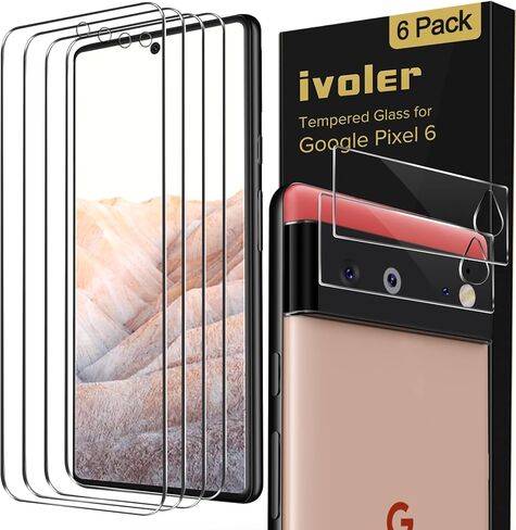 ivoler [4+2 واقي شاشة لهاتف Google Pixel 6 [4 عبوات] مع واقي عدسة الكاميرا من الزجاج المقسى [عبوتان] [متوافق مع فتح بصمات الأصابع] مع إطار محاذاة سهل التركيب وفيلم شفاف عالي الدقة in Kuwait