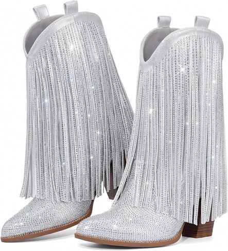Cowboy Boots for Women Sparkly Rhinestone Cowgirl Boots Pointed Toe Fringe Western Boot for Concert Dancing Party Music Festivals in Saudi Arabia