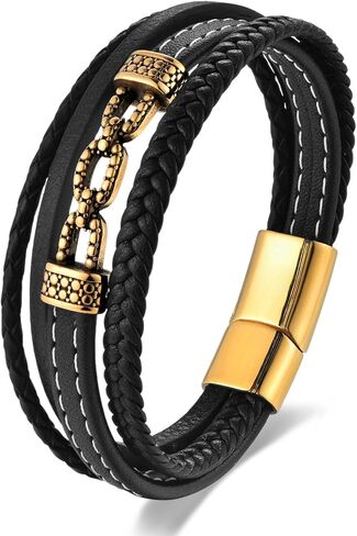 Mens Braided Black Leather Bracelet with Golden Beaded Chain Accent, Multi-Strand Black Leather and Golden Color Plated Stainless Steel Bracelet for Men, Punk Rock Style in Saudi Arabia