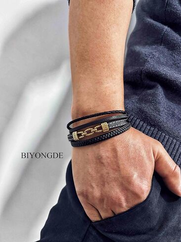 Mens Braided Black Leather Bracelet with Golden Beaded Chain Accent, Multi-Strand Black Leather and Golden Color Plated Stainless Steel Bracelet for Men, Punk Rock Style in Saudi Arabia