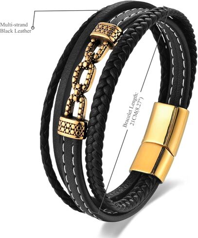 Mens Braided Black Leather Bracelet with Golden Beaded Chain Accent, Multi-Strand Black Leather and Golden Color Plated Stainless Steel Bracelet for Men, Punk Rock Style in Saudi Arabia