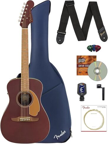 حزمة جيتار كهربائي صوتي من Fender Malibu Player مع حقيبة أزعج زرقاء منتصف الليل، وحزام، وموالف مشبك، وأوتار، ولفاف سلسلة، ولقطات، وأقراص DVD التعليمية لأوستن بازار - Sunburst in Saudi Arabia