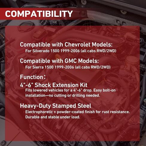 4"-6" Shock Extenders 2PCS Shock Extension Kit compatible with 1999-2006 Chevrolet Silverado 1500 GMC Sierra 1500 All Cab RWD/2WD Rear Lowering Mount Drop Brackets in Kuwait