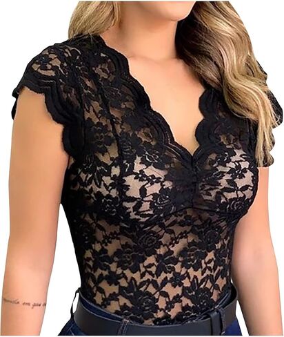 Womens Lace Camisole V Neck Sleeveless Scalloped Trim Tank Tops Floral See Through Cami Tanks Slim Casual Tunic Tops in Saudi Arabia