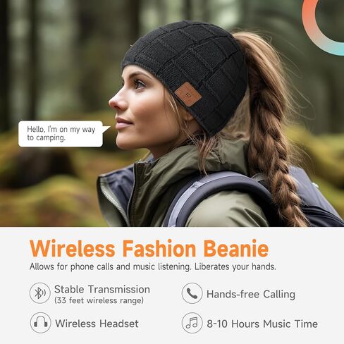 Bluetooth Beanie for Women with Ponytail Hole Wireless Knitted Beanie Hat with Bluetooth Headphones Built in Microphone, Winter Warm Hat Stocking Stuffers Black in Saudi Arabia