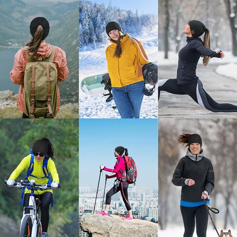 قبعة بلوتوث للنساء مع فتحة ذيل حصان، قبعة صغيرة محبوكة لاسلكية مع سماعات بلوتوث مدمجة بميكروفون، قبعة شتوية دافئة، حشو أسود in Kuwait