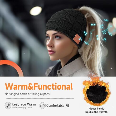 Bluetooth Beanie for Women with Ponytail Hole Wireless Knitted Beanie Hat with Bluetooth Headphones Built in Microphone, Winter Warm Hat Stocking Stuffers Black in Saudi Arabia