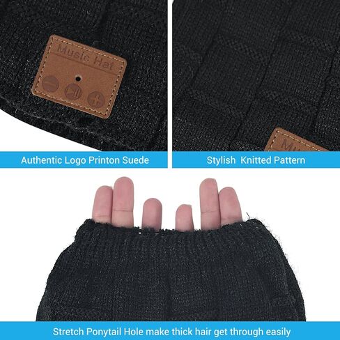 قبعة بلوتوث للنساء مع فتحة ذيل حصان، قبعة صغيرة محبوكة لاسلكية مع سماعات بلوتوث مدمجة بميكروفون، قبعة شتوية دافئة، حشو أسود in Kuwait