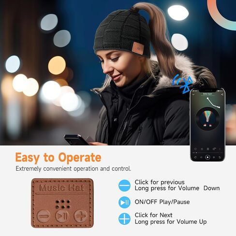 Bluetooth Beanie for Women with Ponytail Hole Wireless Knitted Beanie Hat with Bluetooth Headphones Built in Microphone, Winter Warm Hat Stocking Stuffers Black in Saudi Arabia
