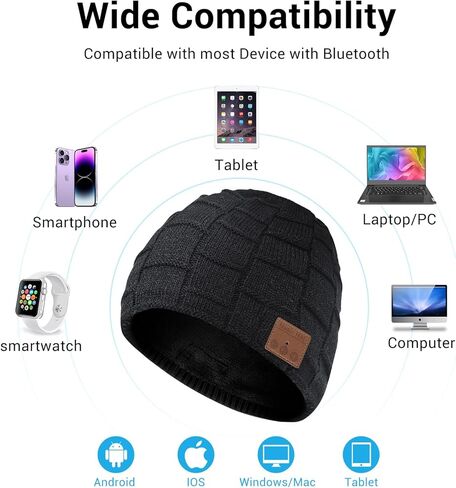 قبعة بلوتوث للنساء مع فتحة ذيل حصان، قبعة صغيرة محبوكة لاسلكية مع سماعات بلوتوث مدمجة بميكروفون، قبعة شتوية دافئة، حشو أسود in Kuwait