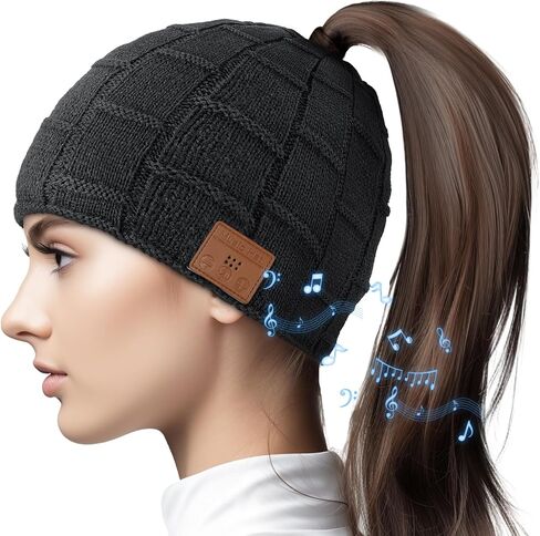 قبعة بلوتوث للنساء مع فتحة ذيل حصان، قبعة صغيرة محبوكة لاسلكية مع سماعات بلوتوث مدمجة بميكروفون، قبعة شتوية دافئة، حشو أسود in Kuwait