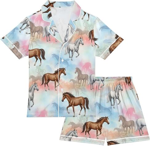 Satin Pajama Sets Short Sleeve Horses Running on Colorful Button Down Silky Nightwear 2 Piece PJS 5-14Y in Saudi Arabia