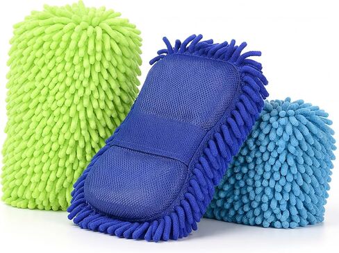 3 Pack Chenille Premium Scratch-Free Microfiber Wash Mitt Car Wash Sponges, Non-Scratch Car Cleaning Sponge Mitts, Ultra-Soft Glove, Swirl-Free Finish, Safe for Trucks, Suvs (Light Blue) in Saudi Arabia