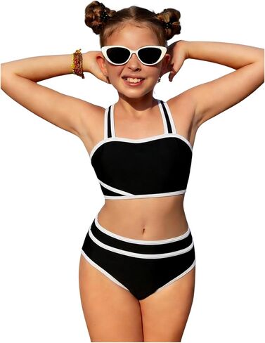SEGT Girl's 2 Piece Sporty Bikini Set Color Contrast Bathing Suit Square Neckline High Waist Swimwear in Saudi Arabia