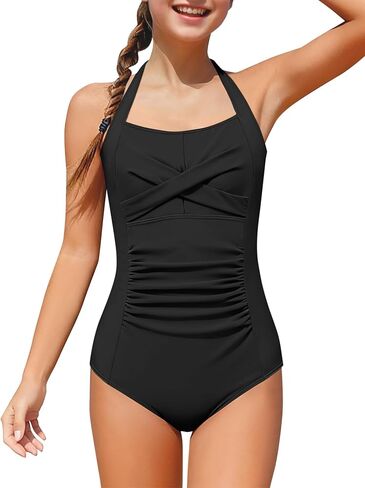 ملابس سباحة للفتيات من قطعة واحدة برباط خلفي وكتلة ملونة برقبة رسن للفتيات لباس سباحة 7-16T in Kuwait