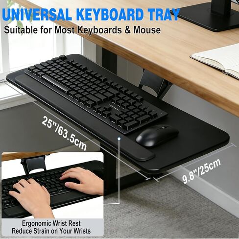 صينية لوحة مفاتيح أسفل المكتب، قابلة للتعديل للارتفاع والإمالة، صينية منصة كمبيوتر وماوس قابلة للتعديل، سطح 25 بوصة عرض × 9.8 بوصة عمق، مثالية للاستخدام في المنزل والمكتب in Kuwait