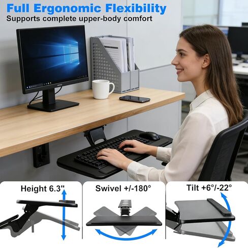صينية لوحة مفاتيح أسفل المكتب، قابلة للتعديل للارتفاع والإمالة، صينية منصة كمبيوتر وماوس قابلة للتعديل، سطح 25 بوصة عرض × 9.8 بوصة عمق، مثالية للاستخدام في المنزل والمكتب in Kuwait