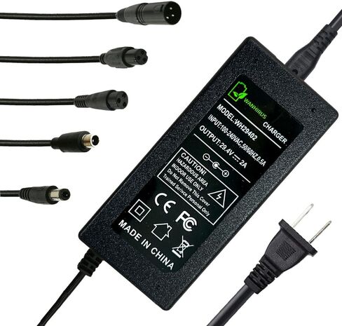29.4V 2A Charger 5 Plugs for Scooter 24V 25.2V 25.6V 25.9V Lithium Battery, Pack DC 5.5 * 2.1 with 8mm 3 Prong /12mm 3 Prong Connector /8mm RCA/ 3-Pin Male XLR Connector in Kuwait