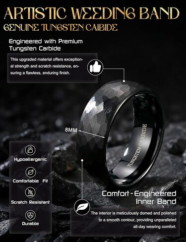 Drperfect التنغستن خواتم الزفاف للرجال النساء 8MM رجل خاتم الزفاف الأسود / الذهب / الفضة مطروق الأخدود ماتي المصقول الرجال وعد خواتم الخطبة الراحة تناسب حجم 6-14 in Kuwait