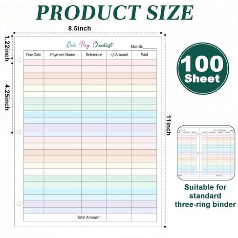 gisgfim 100 Sheets A4 Bill Pay Checklist Filler Paper 8.5×11 Inch 3-Hole Punched Loose Leaf Expense Tracker Binder Paper Colorful Monthly Budget Forms Payment Checklist Inserts for Office Home, 80gsm in Saudi Arabia
