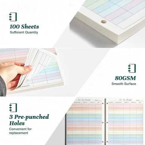 gisgfim 100 Sheets A4 Bill Pay Checklist Filler Paper 8.5×11 Inch 3-Hole Punched Loose Leaf Expense Tracker Binder Paper Colorful Monthly Budget Forms Payment Checklist Inserts for Office Home, 80gsm in Saudi Arabia