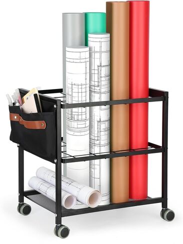 Blueprint Storage Rack Cart with Side Storage Bags, 20 Slots(3.2" x 3.2") Double-Layer Grids Metal Mobile Blueprint Holder with Silent Non Slip Wheels for Home, Office, School in Saudi Arabia