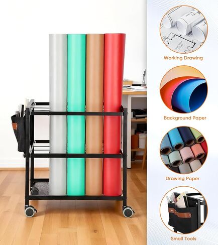 Blueprint Storage Rack Cart with Side Storage Bags, 20 Slots(3.2" x 3.2") Double-Layer Grids Metal Mobile Blueprint Holder with Silent Non Slip Wheels for Home, Office, School in Saudi Arabia