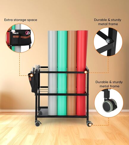 Blueprint Storage Rack Cart with Side Storage Bags, 20 Slots(3.2" x 3.2") Double-Layer Grids Metal Mobile Blueprint Holder with Silent Non Slip Wheels for Home, Office, School in Saudi Arabia