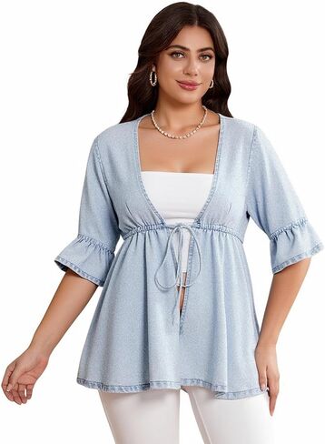Women's Plus Size Tie Front Denim Jacket Peplum Ruffle Half Sleeve V Neck Jean Shirts in Saudi Arabia