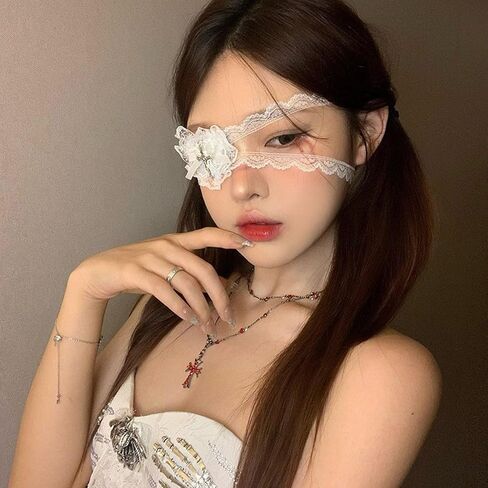 Soochat Halloween Eye Patchs Gothic Eye Patch Mask Lace Heart Eye Patch Single Retro Black for Hallowmas Cosplay Masquerade Party Accessories (White) in Saudi Arabia