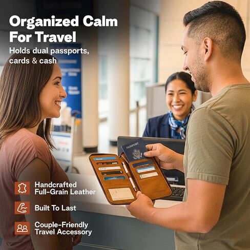 حامل جواز سفر جلدي للسفر - محفظة جواز سفر من الجلد الطبيعي للنساء والرجال، محفظة سفر ومنظم للمستندات in Kuwait