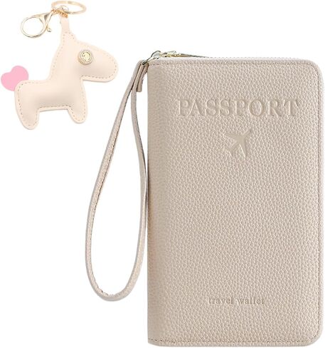 Multi-Functional Passport Holder Cover with Purse Charms,Premium Travel Wallet RFID Blocking Passport Cover Card Case for Holds Phones, Passports, Cash, Cards & Boarding Passes-Beige in Saudi Arabia
