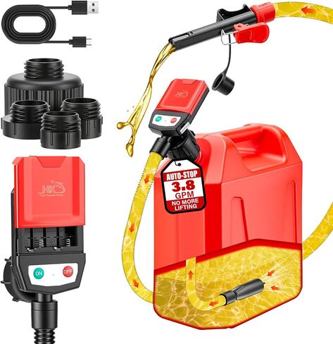 2026 Upgraded Fuel Transfer Pump with Auto-Stop, 3.8 Gallon per Min, 51" Extra Long Hose, Battery & 3M USB Powered, 4 Can Adapters, 30s Alert Beep, Fast and Safe Gas Pump for Oil, Diesel and Gasoline in Kuwait