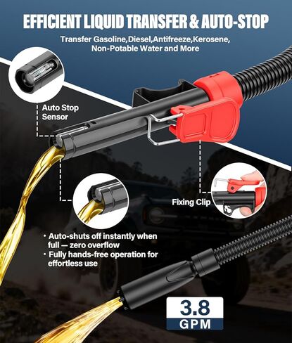 2026 Upgraded Fuel Transfer Pump with Auto-Stop, 3.8 Gallon per Min, 51" Extra Long Hose, Battery & 3M USB Powered, 4 Can Adapters, 30s Alert Beep, Fast and Safe Gas Pump for Oil, Diesel and Gasoline in Kuwait