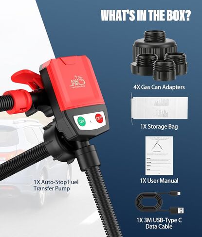 2026 Upgraded Fuel Transfer Pump with Auto-Stop, 3.8 Gallon per Min, 51" Extra Long Hose, Battery & 3M USB Powered, 4 Can Adapters, 30s Alert Beep, Fast and Safe Gas Pump for Oil, Diesel and Gasoline in Kuwait