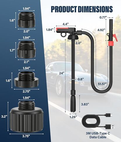 2026 Upgraded Fuel Transfer Pump with Auto-Stop, 3.8 Gallon per Min, 51" Extra Long Hose, Battery & 3M USB Powered, 4 Can Adapters, 30s Alert Beep, Fast and Safe Gas Pump for Oil, Diesel and Gasoline in Kuwait