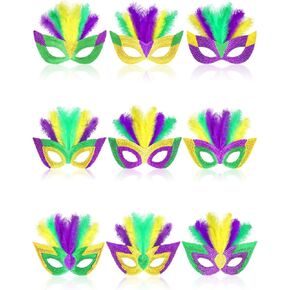 9-Pack Masks, Masquerade Party Masks for Adults Kids Feathered Glitter Eye Masks in Purple, Green Gold for Carnival Party Decorations in Saudi Arabia