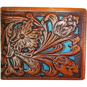 Western Genuine Tooled Leather Laser Cut Men's Bifold Short Wallet in 8 Colors (Brown/Brown) in Saudi Arabia