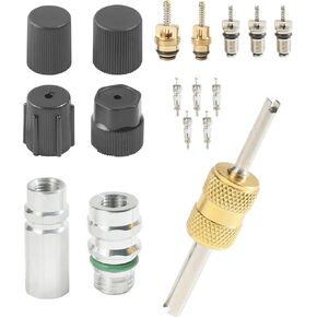 مجموعة صمامات شريدر AC 17 قطعة، مجموعة صمامات التيار المتردد الأساسية لملحقات السيارات مع أداة إزالة، متوافقة مع مبردات R12، R22، R134، مناسبة لاستبدال وإصلاح مكيفات هواء السيارة in Kuwait