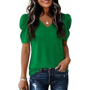 IECCP النساء الخامس الرقبة تي شيرت نفخة قصيرة الأكمام قمم أزياء متأنق عارضة سترة فضفاضة تناسب البلوزات in Kuwait