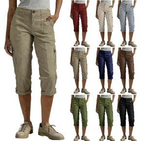 Womens Cargo Capri Pants with Pockets Button Cropped Pant Casual Summer Straight Leg Knee Length Long Bermuda Capris in Saudi Arabia