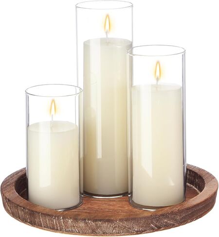Shihanee Set of 3 Pillar Candles and Glass Hurricane Candle Holder with Wooden Tray 11.2" for Christmas Xmas Wedding Centerpiece Holiday Decor(Beveled Charcoal Color) in Saudi Arabia