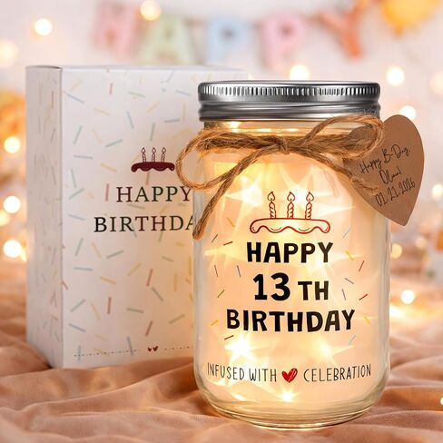هدايا عيد الميلاد الثالث عشر للفتيات - "HAPPY 13TH BIRTHDAY" ضوء ليلي بجرة ميسون زجاجية، 20 مصباح LED خرافي وفيلم عاكس للنجوم، هدية تذكار لعيد ميلاد فتاة تبلغ من العمر 13 عامًا ديكور لطيف للغرفة in Kuwait