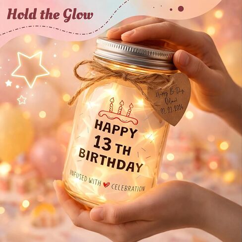 هدايا عيد الميلاد الثالث عشر للفتيات - "HAPPY 13TH BIRTHDAY" ضوء ليلي بجرة ميسون زجاجية، 20 مصباح LED خرافي وفيلم عاكس للنجوم، هدية تذكار لعيد ميلاد فتاة تبلغ من العمر 13 عامًا ديكور لطيف للغرفة in Kuwait