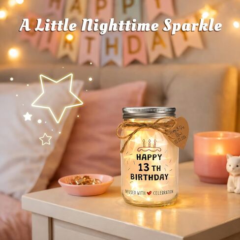 هدايا عيد الميلاد الثالث عشر للفتيات - "HAPPY 13TH BIRTHDAY" ضوء ليلي بجرة ميسون زجاجية، 20 مصباح LED خرافي وفيلم عاكس للنجوم، هدية تذكار لعيد ميلاد فتاة تبلغ من العمر 13 عامًا ديكور لطيف للغرفة in Kuwait